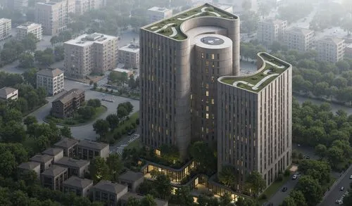 "A 15-story modern high-rise building inspired by Tadao Ando, emphasizing diverse architectural forms and sculptural massing. The design features exposed smooth concrete, a variety of interlocking vol