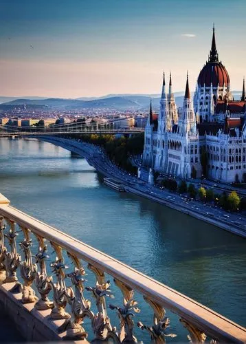 Budapest architecture, Hungarian Parliament Building, majestic, ornate, Gothic Revival style, grand staircase, intricate stone carvings, stunning ceiling frescoes, majestic pillars, richly decorated w