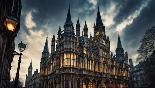 Ruskin-inspired, Seven Lamps of Architecture, grandiose building, Victorian-era style, intricate stone carvings, ornate Gothic details, pointed arches, ribbed vaults, flying buttresses, stained glass 