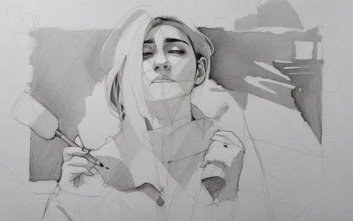 a drawing of a woman holding a toothbrush,wip,charcoal pencil,graphite,progresso,unfinished,charcoal