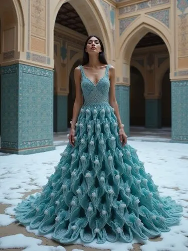 A highly detailed and elegant haute couture dress deeply inspired by traditional Iranian architecture, especially the intricate geometry of muqarnas — the three-dimensional ornamental vaulting seen in