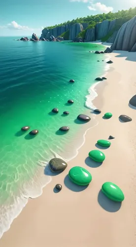 emerald sea,dream beach,greens beach,beautiful beach,beach landscape,beautiful beaches,waves circles,beach furniture,cartoon video game background,paradise beach,futuristic landscape,green water,sand 