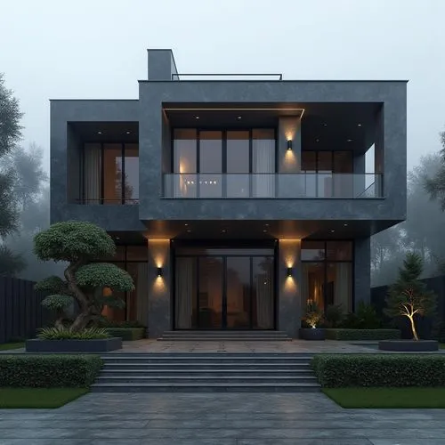  A luxurious, ultra-modern, three-story mansion with a sleek, dark gray marble facade and prominent vertical columns, situated in a refined, upscale residential setting. The exterior features large fl