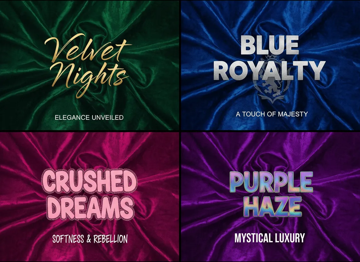 Ein Raster aus vier Posterkonzepten, die jeweils eine andere Farbe und Art von Samttextur zeigen, von glattem Grün bis hin zu geknautschtem Lila.