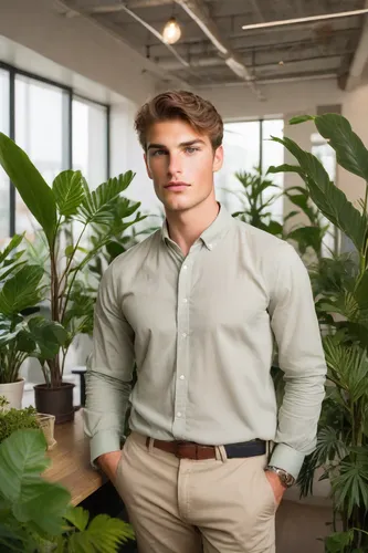 Professional Headshots，Professional，Eco-Friendly Startup,khaki pants,gardener,male model,ceo,money plant,white-collar worker,blur office background,houseplant,the plant,plants,golden candle plant,exot