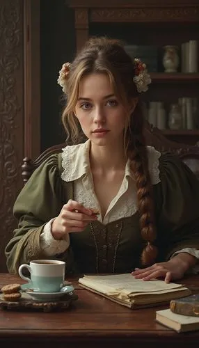 Серьезная, красивая  женщина бухгалтер сидит за столом, в офисе  и пьет чай. Высокая детализация. Стиль эпохи Возрождения,the young lady has ids at her waist,woman drinking coffee,miniaturist,schoolmi