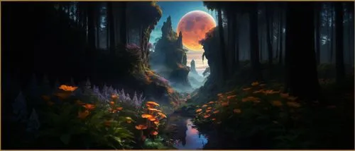 an image of a forest that looks like it has many bright flowers on the ground,forest of dreams,forest path,fairy forest,enchanted forest,the mystical path,world digital painting,fantasy picture,fairyl
