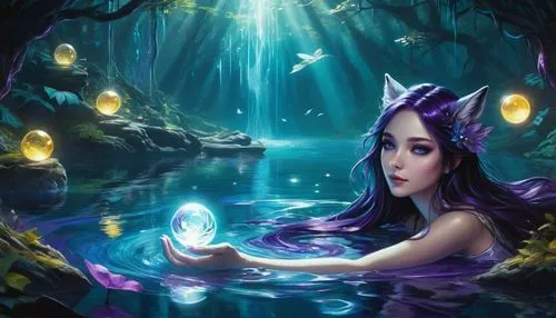 Female figure , reclined by a body of water, in a dark-purple and black,  lying near a teal-colored body of water. She has one yellow eye and one purple eye. Long, dark hair,  A small,  purple-colored