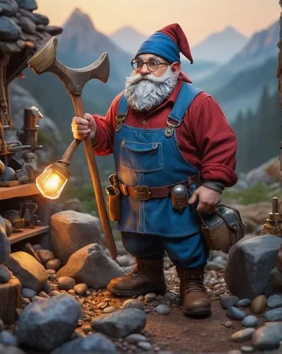 Rocky terrain, whimsical gnome, artificer, male, 30s, short beard, pointed red hat, blue overalls, leather apron, goggles on forehead, holding a pickaxe, standing near a wooden workbench, surrounded b