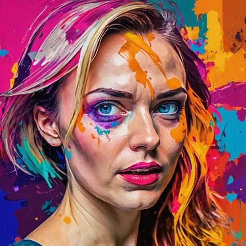 Capture a profile pic with a professional look and a modern setting.,an art print of a woman with multicolor paint splattered on her face,wpap,pop art colors,popart,pop art style,modern pop art,pop ar