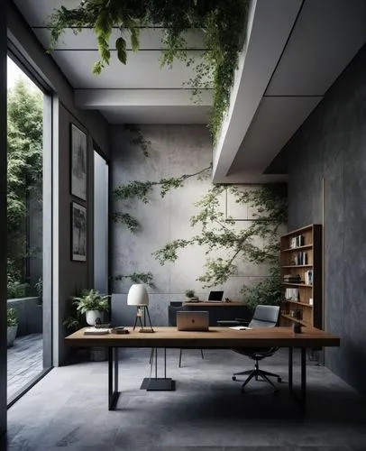 Interior design,an office with a wooden desk surrounded by trees,ikebana,japanese-style room,ryokan,bonsai,concrete ceiling,associati,Photography,General,Realistic