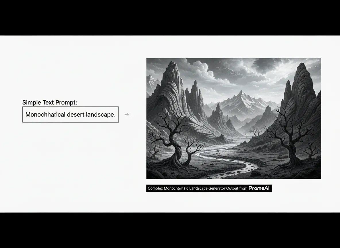 Un confronto fianco a fianco che mostra un semplice prompt di testo e il complesso risultato monocromatico del generatore di paesaggi di PromeAI.