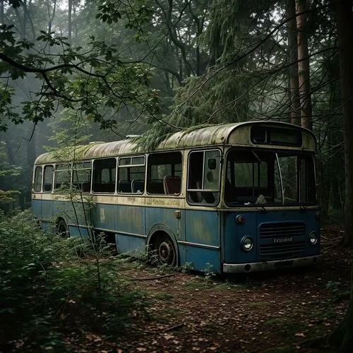 Write a suspenseful story about an abandoned Leyland bus in a remote forest.,an old bus is sitting in the woods,abandoned bus,bus from 1903,trolley bus,trolleybus,bus,camping bus,the system bus,first