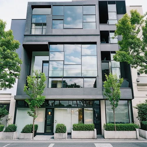 sleek modern high-rise building, minimalist facade design, rectangular balconies,two buildings with glass windows are shown in the city,glass facade,omotesando,cube house,homes for sale in hoboken nj,