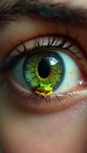 Human eye, macro, with a small green frog inside. The pupil of the eye presents a complex pattern, with shades of green and yellow, imitating an ecosystem. The frog is positioned in the center of the 