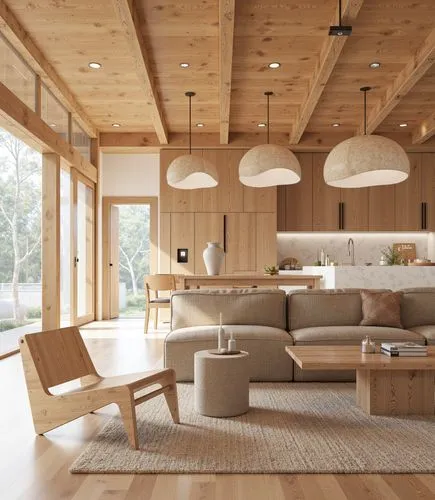 A rustic-modern open kitchen and living area with exposed wooden beams on the ceiling. A neutral color palette featuring warm brown tones, a textured fabric sofa, natural wood furniture, and pendant l