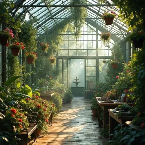 Elegant greenhouse interior, lush and vibrant vegetation, ample natural light streaming through glass panes, wrought iron support structures, wooden walkways amidst the greenery, hanging baskets fille