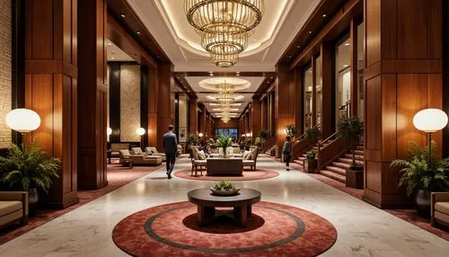 Luxurious hotel lobby, rich wood paneling, polished marble floors, plush carpeted corridors, ornate chandeliers, grand staircases, elegant furnishings, sophisticated color schemes, warm ambient lighti