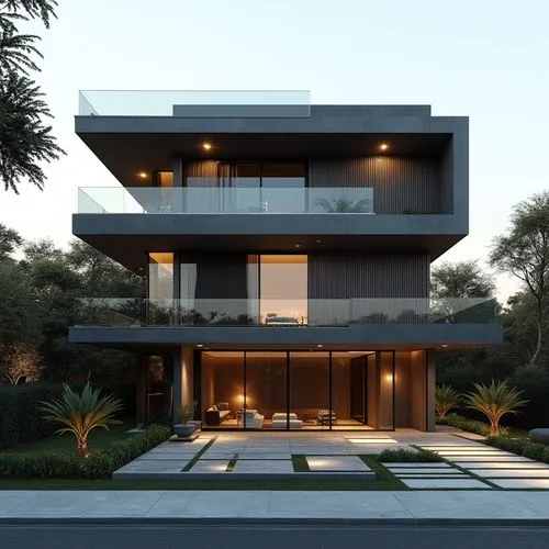 A hyper-realistic, high-resolution architectural photograph of a multi-level, contemporary luxury residence featuring a sleek, geometric design. The exterior is composed of smooth, matte charcoal-gray