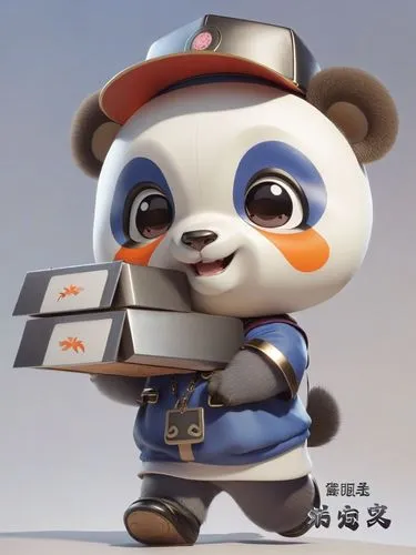 a panda character with a box and hat,panda,little panda,panda bear,cute cartoon character,mandarin mandarin,panda cub