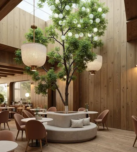 A sophisticated café with a grand indoor tree as its centerpiece, surrounded by circular seating. The space features high ceilings, classic arches, and luxurious pendant lights. ,a lobby with couches,
