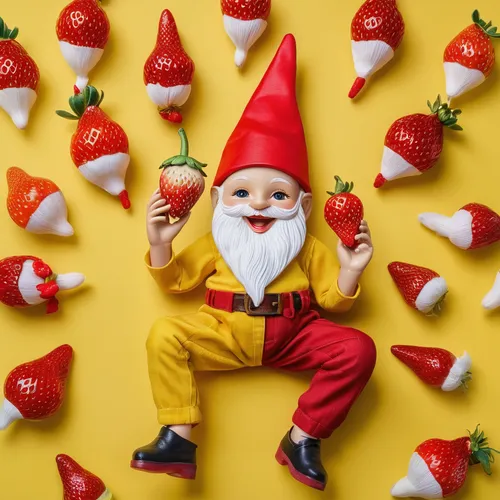 2 small plastic dolls, with a face and body made of plastic, wear a yellow shirt, wear red pants, wear a red fabric hat like a gnome's, and wear red shoes, sit on a large yellow banana, and laugh, hol