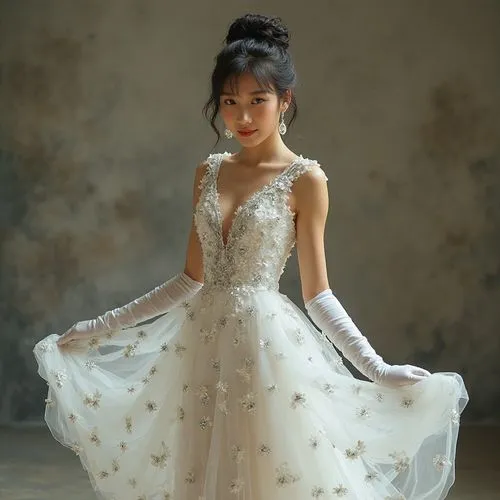 a full body shot of a young beautiful woman with a round face and dark hair in an updo wearing  a white sleeveless organdy evening gown embellished with black floral embroidery. 
Its stunning train (o