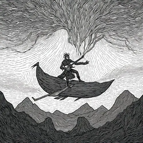 Using this style, a bard on a floating lute sails over volcanic valleys, constellations mapping forgotten legends projected as crystalline eruptions pouring down.,a drawing of an african man riding on