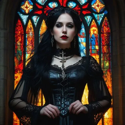 Gothic priestess, solo, mysterious, dark eyeshadow, bold eyeliner, pale skin, raven black hair, intricate braids, red lips, ornate cross necklace, long black dress, lace trim, bell sleeves, tight cors