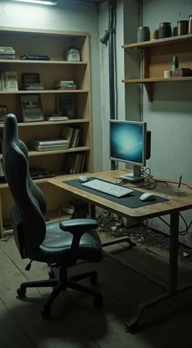 A dimly lit, run-down gaming setup in a neglected Taiwanese room.a scratched, worn-out wooden desk, surrounded by peeling, stained concrete walls. The fluorescent tube light above ㄍceiling casts a col
