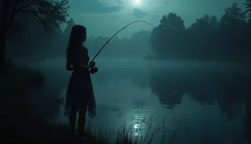 dark random scene from horror movie,country,rednex,young lady fishing, monster in lake,the silhouette of a woman holding a fishing pole in front of a lake at night,fishing,the night of kupala,angler,m
