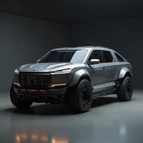 A high-performance electric pickup truck with a futuristic industrial aesthetic, the format is like a limousine. Its exoskeleton is made of brushed titanium, with retractable storage compartments and 