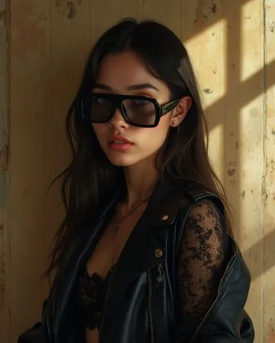 a woman in black jacket and glasses by a wall,sunglasses,shades,aviators,sun glasses,color glasses,portrait background