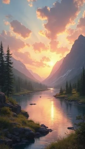 painting of the sun going down in the mountains,landscape background,nature background,mountain sunrise,salt meadow landscape,fantasy landscape,beautiful landscape,nature wallpaper,mountain landscape,
