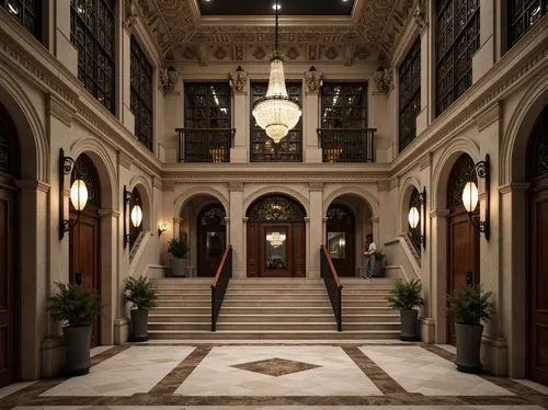 Intricate stone carvings, ornate metalwork, grandiose entranceways, symmetrical facades, imposing columns, majestic arches, luxurious marble floors, opulent chandeliers, elegant staircases, refined wo