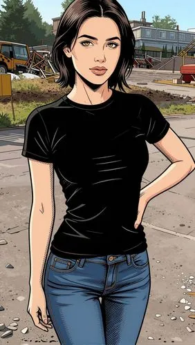 Manhwa Style :
Latin woman with Mexican features, gold-brown eyes., she wears black blose.
,the young woman is standing in the parking lot,comic style,comic character,jeans background,main character