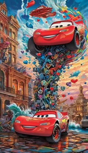 ((Lightning McQueen, surf big wave spiral crystal fibonaci black and rainbow, lots of red hearts in sky)). Sunset and lightning with lots of birds,.This transformation is captured in high-definition. 