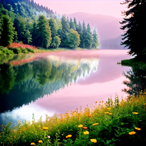 Serenity nature background, misty mountains, lush green forest, calm lake, vibrant wildflowers, soft sunlight filtering through trees, warm color tone, cinematic composition, 3/4 view, shallow depth o