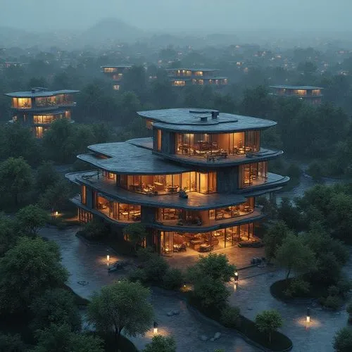 A showcase of the most impressive digital architectural models on a virtual cyberpunk island,an outdoor home is lit up at dusk,dunes house,modern architecture,mansions,nestled,render,residential,cube 