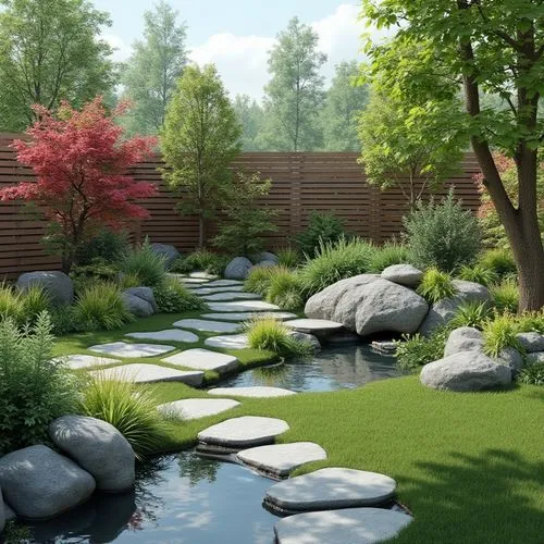 create a detailed realistic landscape site plan with zen garden, waterfall, pond small lawn and natural plantings


,a japanese garden with rock path, grass and water,japanese zen garden,zen garden,la