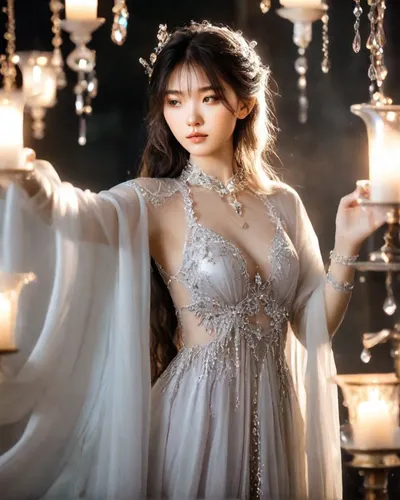 medieval, dark gloomy room, crystal, silk, lace, wind, night, moonlight, lit candle, Beautiful details eyes and face, arm support, translucent dress, messy hair, crystal jewelry, perfect body, crystal