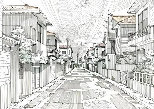 Casas com floresras e arvores, pantano e areia e lago,a drawing of a long narrow alley,narrow street,alleyway,alleyways,alley,old linden alley,the street,neighborhood,ancient city,street,alleys,rue,ba