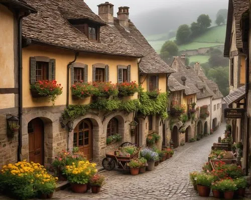 Quaint architecture village, medieval style, stone buildings, steeply pitched roofs, wooden shutters, flower boxes, cobblestone streets, lanterns, misty morning, soft warm lighting, European countrysi