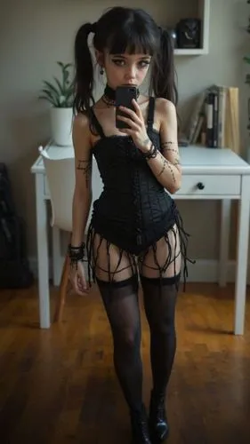 a woman in tight clothes is looking at a cellphone,tutu,petite,belt with stockings,frilly,garters,mesh and frame,nylons,fishnet stockings,tulle,fishnets,black and lace,corset,doll looking in mirror,v,