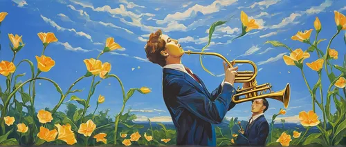 Write a romantic scene where two lovers exchange trumpet flowers as a symbol of their love,trumpet flowers,trumpet climber,gold trumpet,trumpet player,man with saxophone,the trumpet daffodil,trumpet g