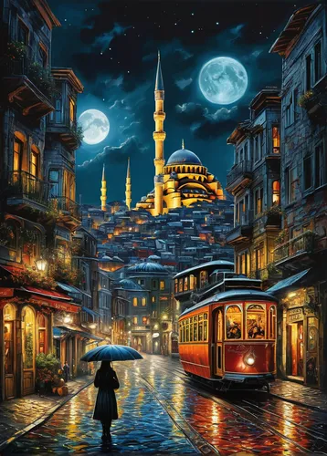 , a real cityscape (istanbul) where mythical creatures coexist with futuristic elements, a harmonious blend of the past and present and future, design in mind, galata tower, impasto brush strokes by v