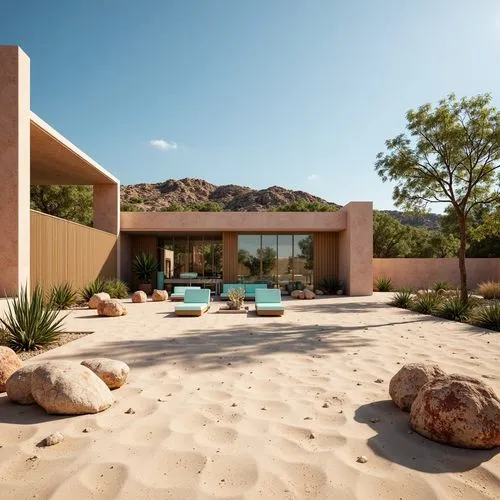 Arid desert landscape, sandy dunes, cactus plants, warm beige stones, rusty red rocks, turquoise accents, creamy whites, soft peach tones, weathered wood textures, metallic silver details, glassy refl