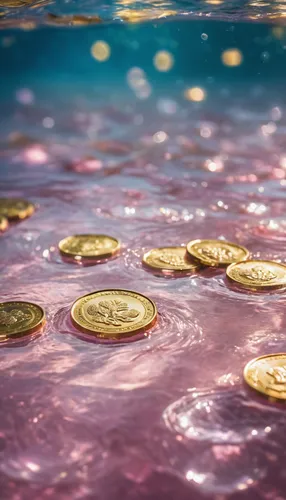 wet gold coins lying down on sparkling water, wave texture, bokeh rendering, vignette rendering, (ambient light exposure:1.2), direct light, water reflecting, dreamy phone wallpaper, a digital renderi