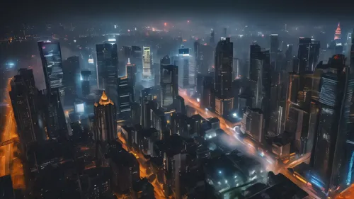Night view of a bustling city, rain, fog, hazy,metropolis,dystopian,futuristic landscape,destroyed city,cityscape,dubai marina,city at night,dubai,cyberpunk,fantasy city,black city,sci-fi,sci - fi,cit
