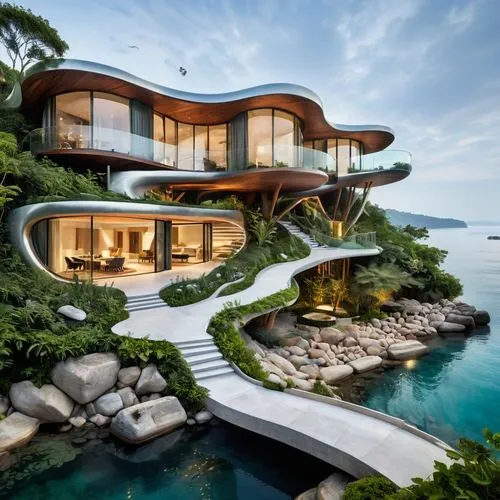 A vibrant and balanced residential area with multiple luxurious villas over the sea, seamlessly integrated into the natural landscape, giving the impression that they have always been part of the envi